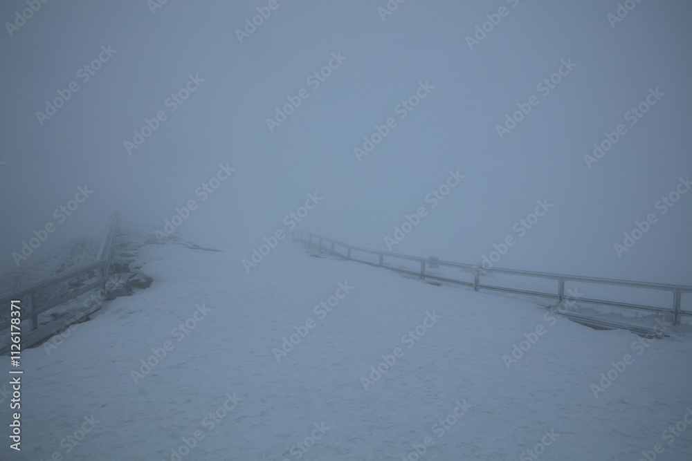 Winter landscape - hiking trail to Tarnica mountain - the highest peak of Bieszczady mountain range in Poland