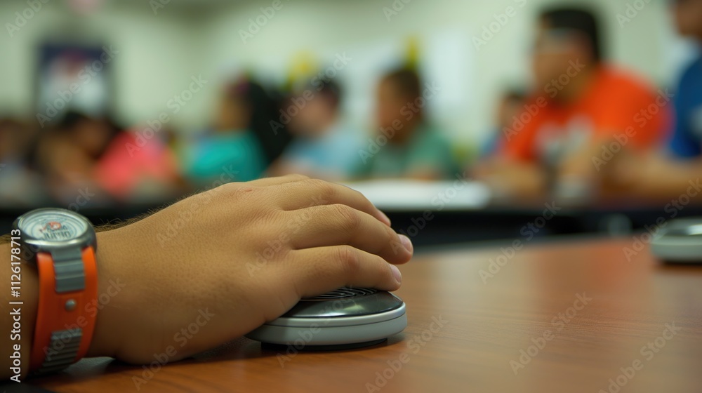 Close-up of a person's hand tapping a buzzer during a trivia challenge, with blurred group of players in the background. Games, competitions, teamwork, education, entertainment,Trivia Day Close-up of a person's hand tapping a buzzer during a trivia challenge, with blurred group of players in the background. Games, competitions, teamwork, education, entertainment,Trivia Day