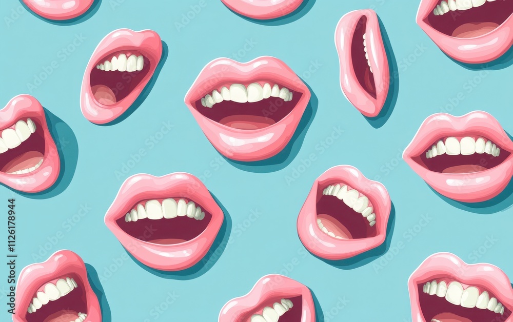 Obraz premium A seamless pattern with pastel pink lips and teeth in various expressions, from smiling to laughing, with an inviting and playful feel. 