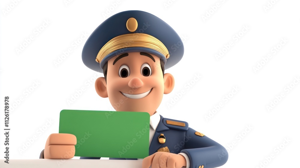 A cheerful cartoon police officer holding a green card, conveying friendliness and approachability. A cheerful cartoon police officer holding a green card, conveying friendliness and approachability.