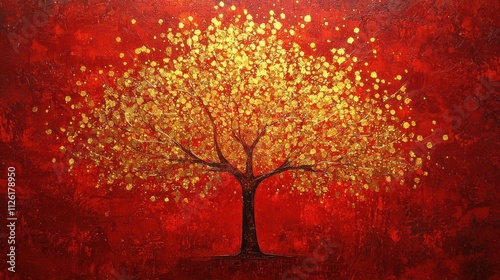 A vibrant artwork featuring a golden tree against a rich red background, symbolizing beauty, warmth, and nature's elegance.