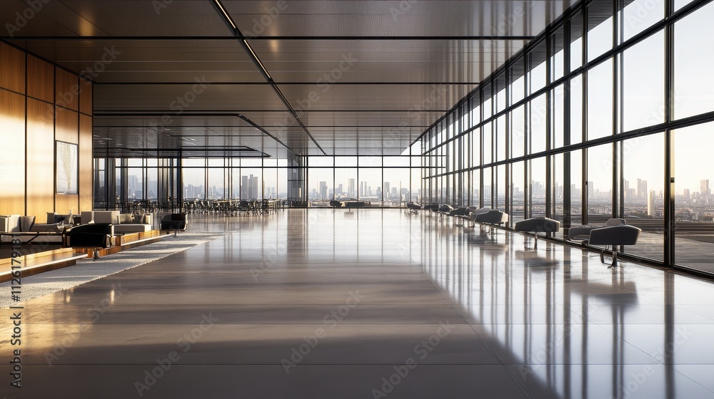 Majestic Skyline Through Glass Walls in Modern Office Building