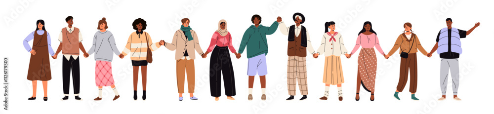 Obraz premium Concept of multiethnic society, international community. Happy group, team holds hands together. Diverse people, world unity standing in chain. Flat isolated vector illustration on white background