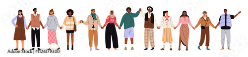 Concept of multiethnic society, international community. Happy group, team holds hands together. Diverse people, world unity standing in chain. Flat isolated vector illustration on white background