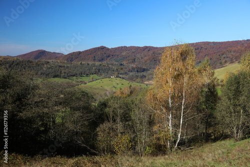 Fototapeta Naklejka Na Ścianę i Meble -  Landscape of old abandoned village Krywe with ruins of orthodox church in Bieszczady Mountains, Poland