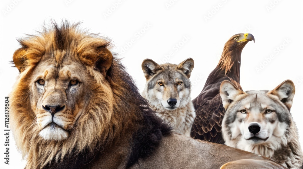 A captivating view of predator animals, including a lion, eagle, and wolf, positioned powerfully on a clean white background, A captivating view of predator animals, including a lion, eagle, and wolf, positioned powerfully on a clean white background,