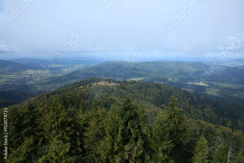 Fototapeta Naklejka Na Ścianę i Meble -  View from the top of Mogielica - the highest peak in  Island Beskids mountain range in Poland