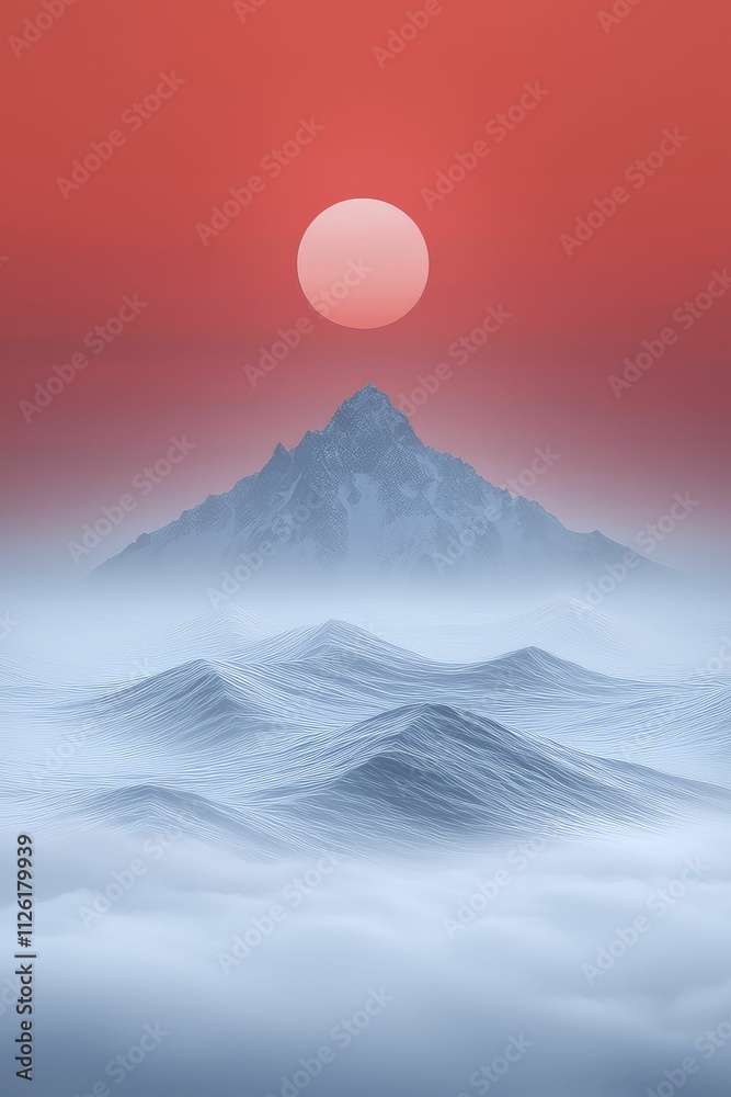 Misty waves dance around sharp geometric forms, vibrant crimson backdrop, illusion of perception barriers. Misty waves dance around sharp geometric forms, vibrant crimson backdrop, illusion of perception barriers.