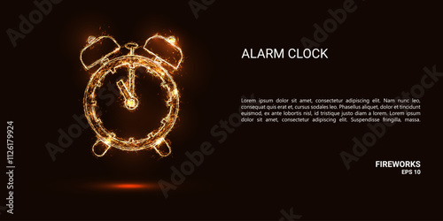 Alarm clock. An alarm clock consists of sparks and fire. Festive bright fireworks. Decorative element for celebrations and holidays. Vector illustration.