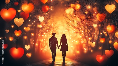 Silhouetted couple holding hands stroll down a magical path illuminated by glowing hearts.