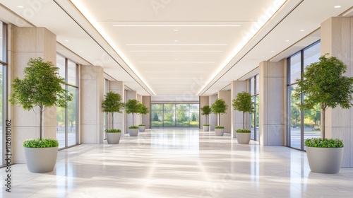 Elegant and Spacious Corporate Lobby with Lush Greenery