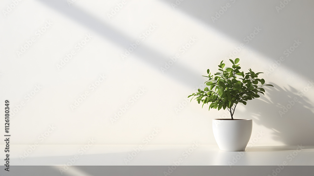 Potted green plant on a clean, bright tabletop with soft sunlight streaming through the window Potted green plant on a clean, bright tabletop with soft sunlight streaming through the window