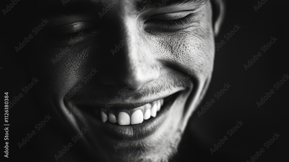 Fototapeta premium Smile captured in minimalistic black and white portrait highlighting joy and expressiveness