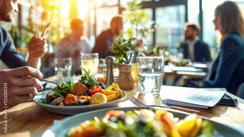 A business lunch blending strategy discussions and professional networking, showcasing modern work dynamics. photo