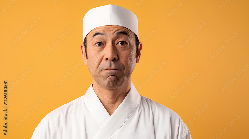 Man wearing a white hat and a white robe is looking at the camera Man wearing a white hat and a white robe is looking at the camera