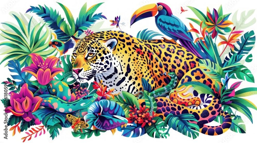 A colorful display of jungle animals, featuring a jaguar, parrot, and snake, vibrant and dynamic on a white background,