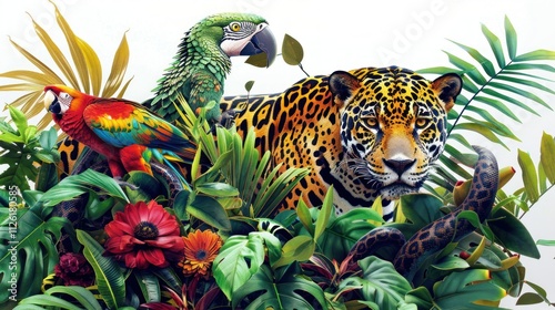 A colorful display of jungle animals, featuring a jaguar, parrot, and snake, vibrant and dynamic on a white background,