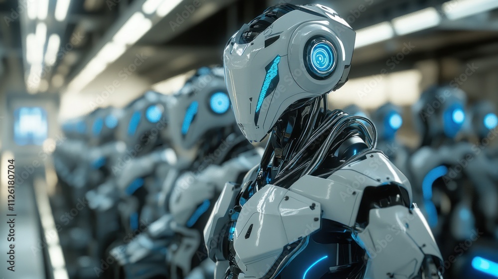 Futuristic robots lined up in a high-tech environment Futuristic robots lined up in a high-tech environment