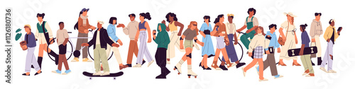 Concept of city life on banner. Many diverse people walk on urban street. Lots of men and women, crowd strolls, cycling, communicates on the go. Flat isolated vector illustration on white background