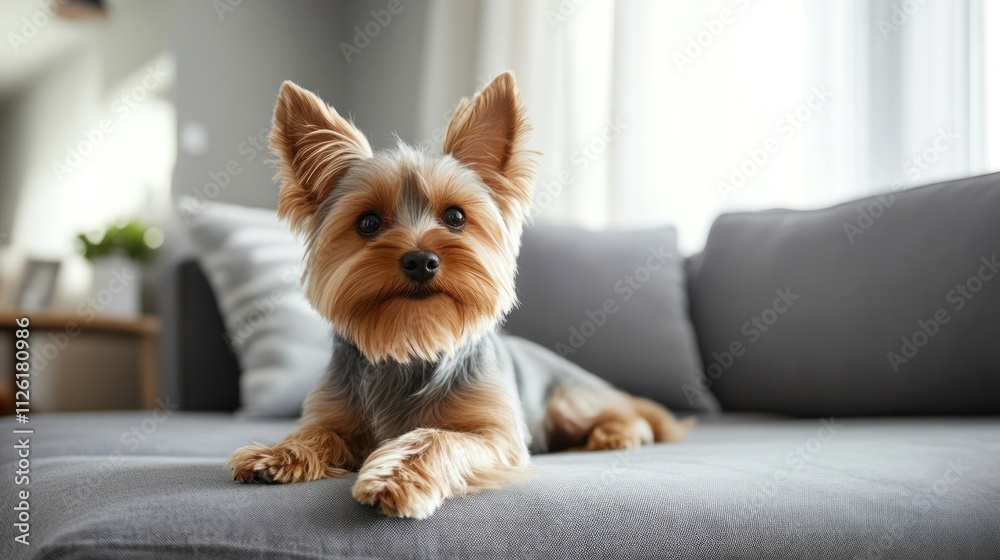 A small dog lounging on a couch in a cozy living room. A small dog lounging on a couch in a cozy living room.