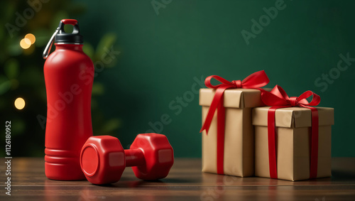 The concept of Merry Christmas and New Year in the gym . Red dumbbell, a bottle, gifts with ribbons, a fir tree with lights on a green background. Space for text