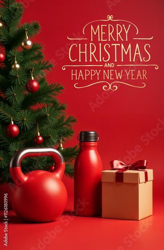 Kettlebell, a bottle, gifts with ribbons, a fir tree with toys, on a red background. Vertical, inscription 