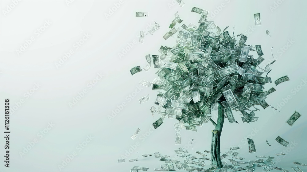 A creative representation of a money tree, with currency notes as leaves growing on white background, A creative representation of a money tree, with currency notes as leaves growing on white background,