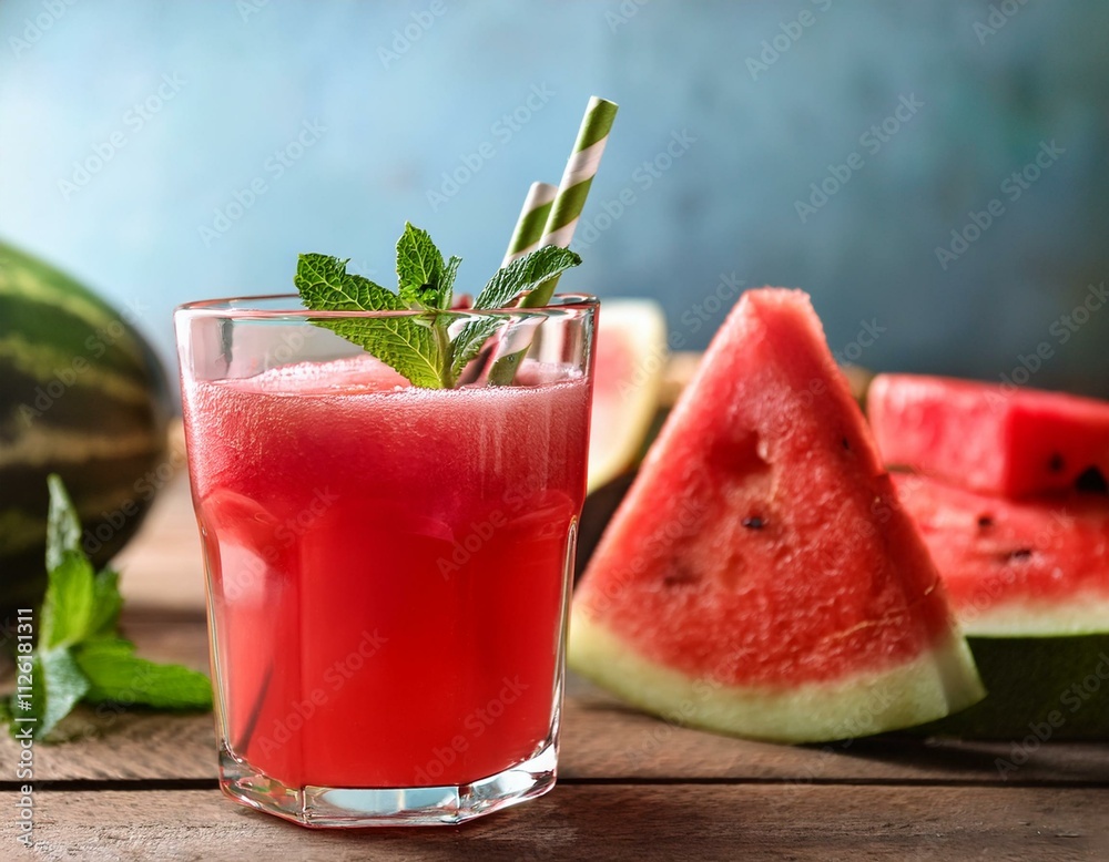 Generated image Tasty watermelon drink in glass, mint and fresh fruits on wooden table, closeup Generated image Tasty watermelon drink in glass, mint and fresh fruits on wooden table, closeup