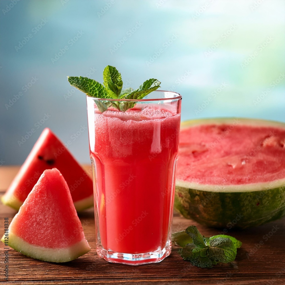 Generated image Tasty watermelon drink in glass, mint and fresh fruits on wooden table, closeup Generated image Tasty watermelon drink in glass, mint and fresh fruits on wooden table, closeup