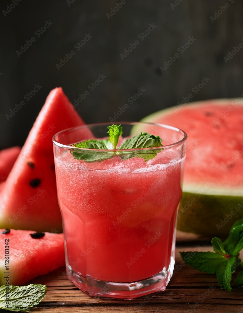 Generated image Tasty watermelon drink in glass, mint and fresh fruits on wooden table, closeup Generated image Tasty watermelon drink in glass, mint and fresh fruits on wooden table, closeup