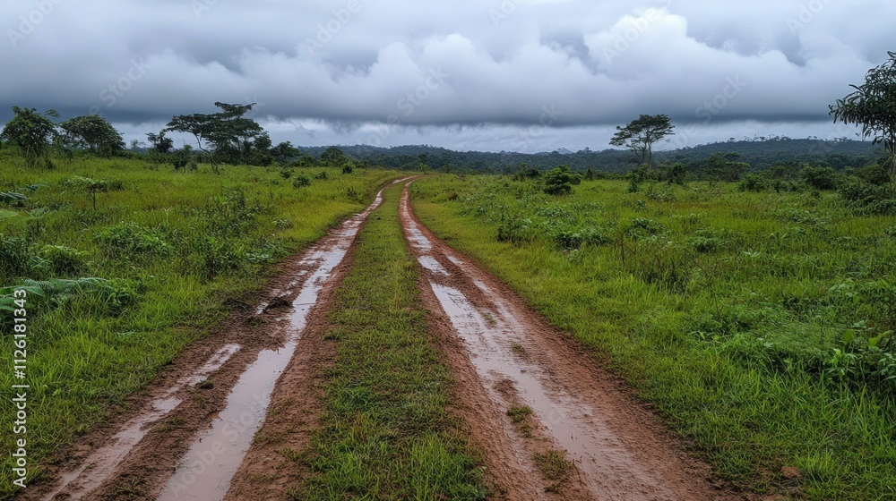 Muddy road through a lush green field under a cloudy sky. Muddy road through a lush green field under a cloudy sky.