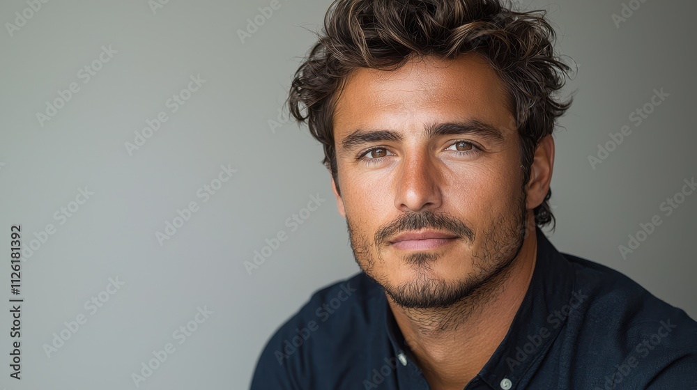 Fototapeta premium Professional studio portrait of a confident man with wavy hair and intense expression