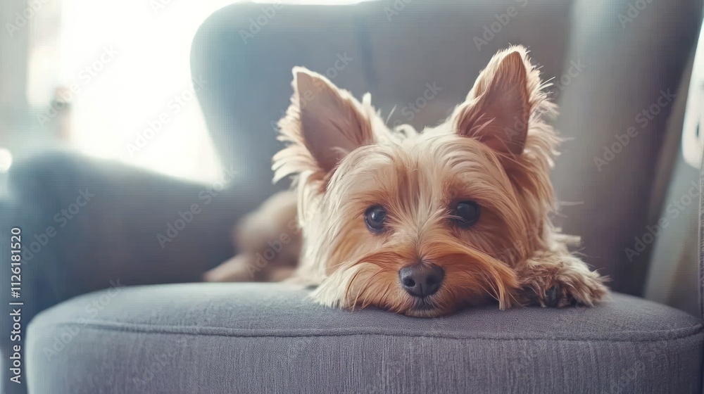 A relaxed dog lying on a soft chair, showcasing a cozy indoor atmosphere. A relaxed dog lying on a soft chair, showcasing a cozy indoor atmosphere.