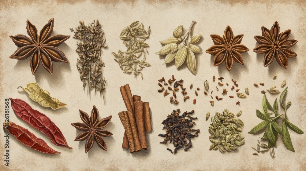 A collection of various spices and herbs arranged artistically on a textured background. A collection of various spices and herbs arranged artistically on a textured background.