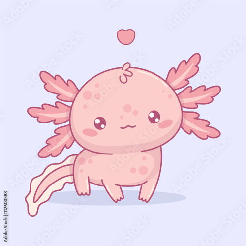 Cute Axolotl. Little cartoon pink kawaii character. Vector illustration. Kids collection. Can be used for t-shirt print, sticker, greeting card design