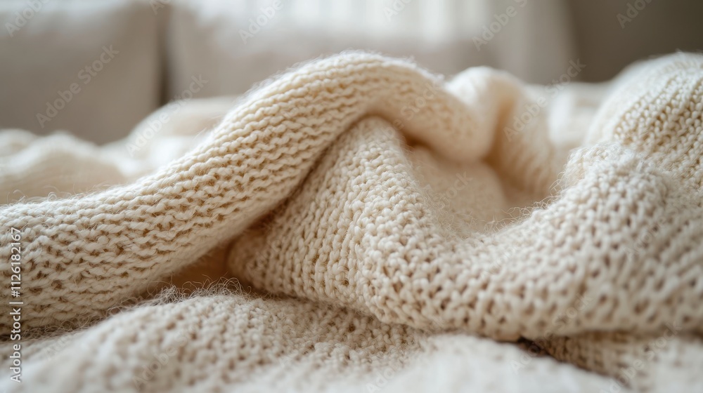 Cozy knitted throw blanket draped on a Scandinavian style sofa in a bright living room Cozy knitted throw blanket draped on a Scandinavian style sofa in a bright living room