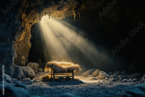 Nativity - waiting birth of Jesus Christ with manger in rocky cave with holy light and abstract defocused bokeh