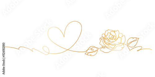 One Line Continuous of a Simple Heart with A Rose and Leaves in Gold Colors. Abstract love background. Perfect for Elegant presentations, invitations, greeting cards, banner, web