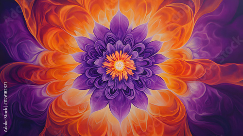 Colorful mandala design featuring vibrant orange and purple flower shapes creating a mesmerizing visual effect