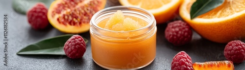A lip scrub jar with a vibrant texture, paired with fresh fruits