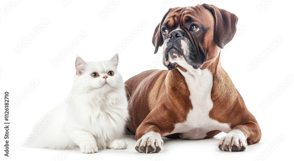 A dog and a cat sitting together, showcasing companionship between different pet species.