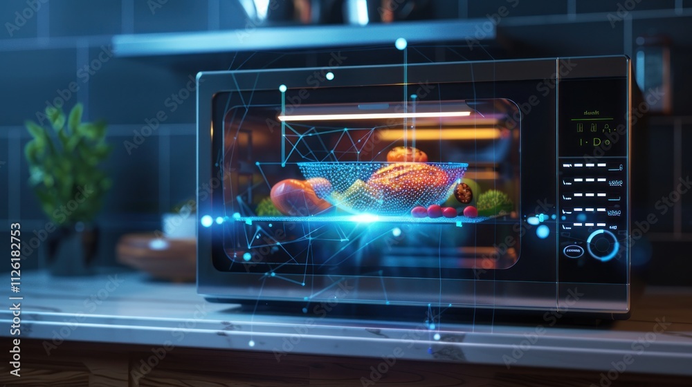 Obraz premium A futuristic microwave oven with a glass door showing a hologram of the food