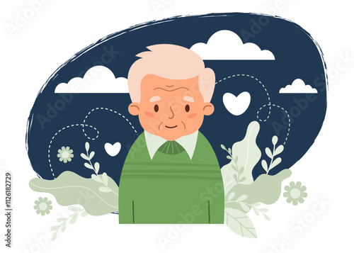 Cute Senior elderly man Mental Health Nature. Concept gray-haired old man, beneficial effects of environment, wellness, care, viability and self-love. Vector illustration