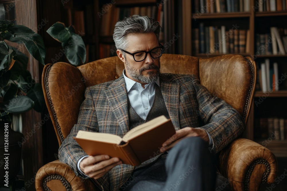 Mature Man Reading Book in Cozy Library Setting with Leather Armchair and Bookshelves in Background Mature Man Reading Book in Cozy Library Setting with Leather Armchair and Bookshelves in Background