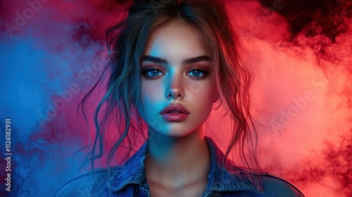 Creative portrait of a model with colorful smoke effects in a studio setting