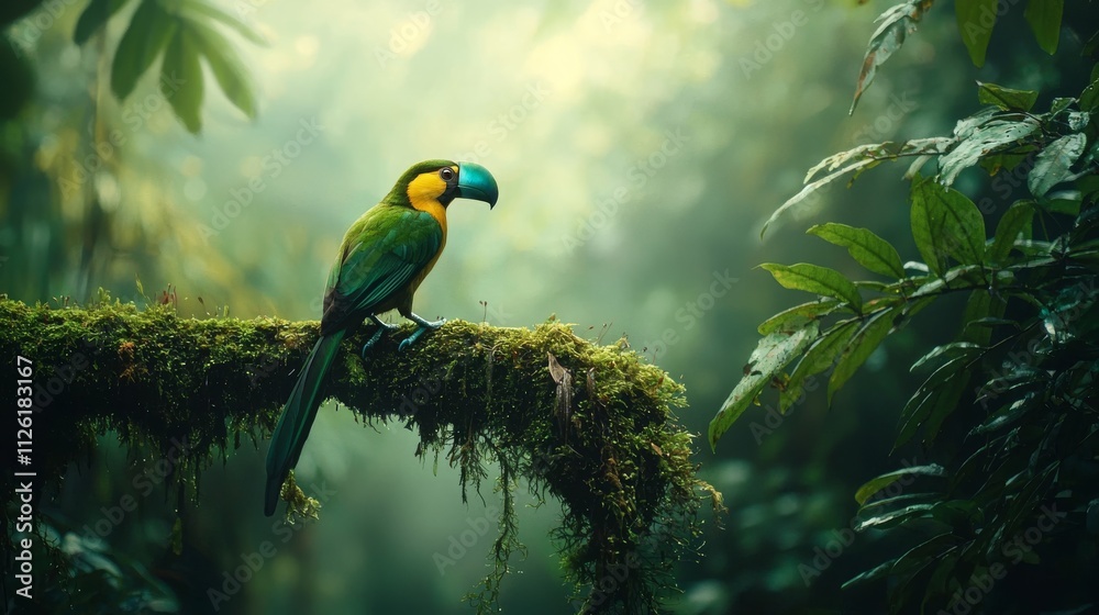 Obraz premium Vibrant Toucanet Perched on Mossy Branch in Forest