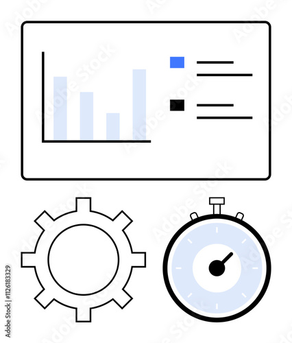 Bar chart on screen gear and stopwatch icons. Ideal for business, productivity, efficiency, analytics, performance, data analysis, and time management themes. Line metaphor