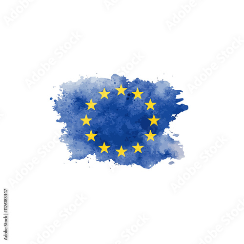 European Union Watercolor Flag: A vibrant and artistic interpretation of the European Union flag, rendered in watercolor. The iconic blue background and golden stars are depicted with a soft.