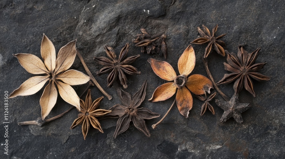 A collection of star anise and dried floral elements arranged on a dark surface. A collection of star anise and dried floral elements arranged on a dark surface.
