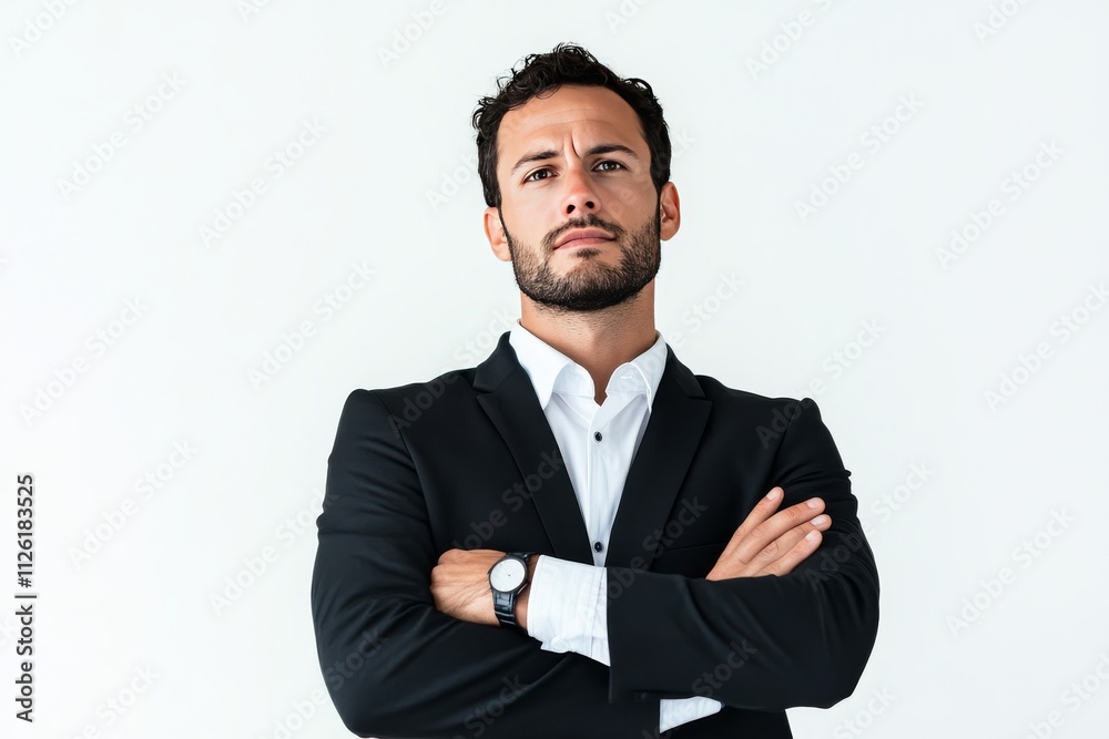 A man in a suit and tie is standing with his arms crossed and looking down A man in a suit and tie is standing with his arms crossed and looking down